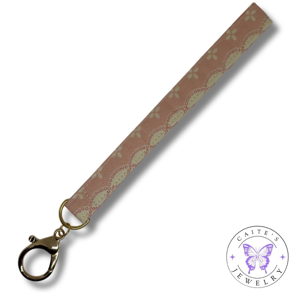 Handmade Gold Keychain with a Cream and Pink Floral Fabric